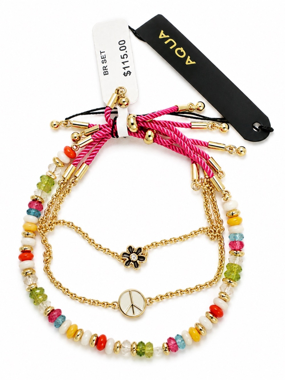 Aqua Pink Cord Layered Beaded Bracelet Set with Gold-Tone Charms $115 NWT